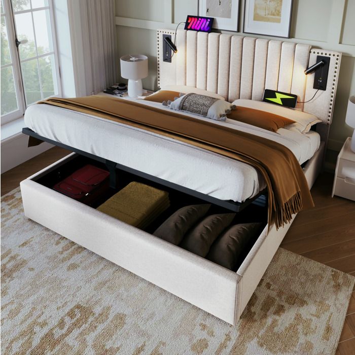 ULEVR Lit coffre 180x200 cm beige avec tête de lit réglable éclairage de lecture USB Type-C sans matelas