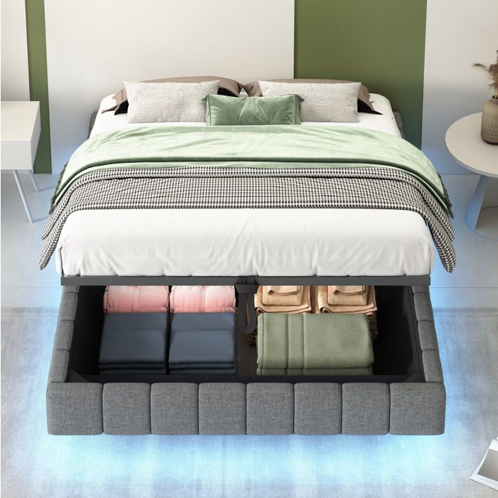 Sommier coffre rembourre 140 x 200 cm - structure flottante LED - gris
