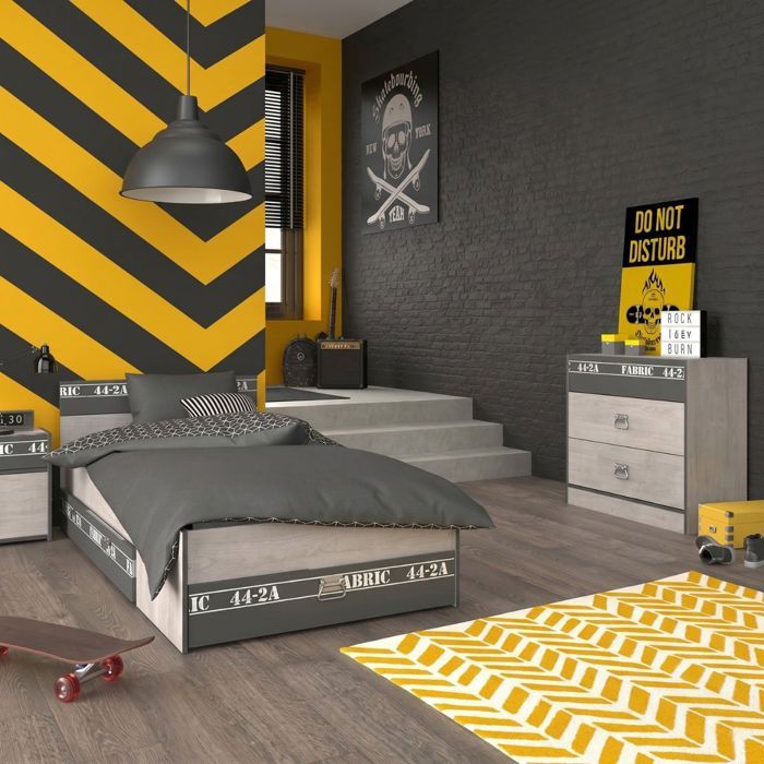 Chambre lit 90x200 avec tiroirs + 1 chevet + 1 commode aspect bois grisé - ZIGGY Chambre lit 90x200 avec tiroirs + 1 chevet + 1 commode aspect bois grisé - ZIGGY
