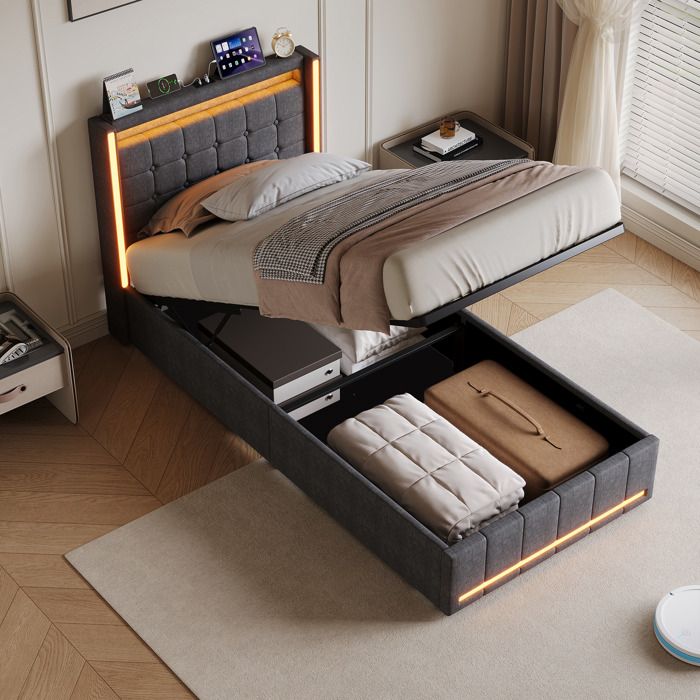 lit 90 x 200cm lit coffre lit simple avec port USB et LED Sommier à Lattes Coffre de rangement Lit Rembourré Gris lin