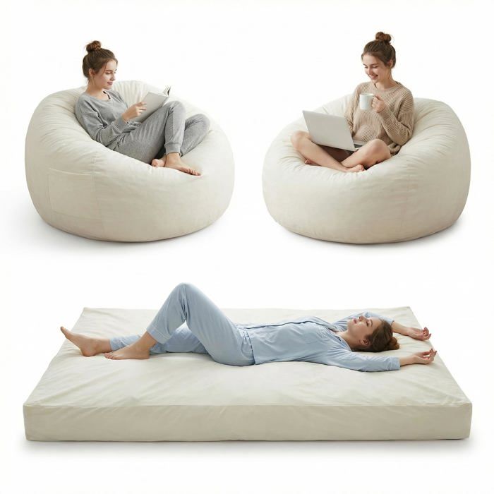 Garvee Pouf Géant XXL Convertible Lit Rembourré Housse Microfibre Douce Idéal Salon & Gaming Beige