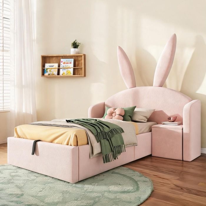 Lit enfant 90x190 cm avec coffre et table de chevet velours blush pink oreilles de lapin