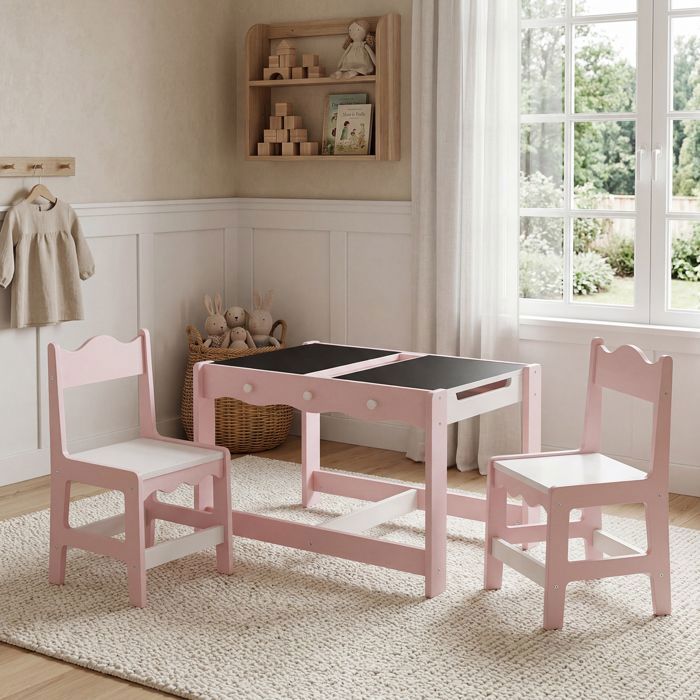 Wahson 3 en 1 Table Enfant avec 2 Chaise Réversible à Double Face avec Tableau Noir Grand Rangement caché Coins arrondis Rose