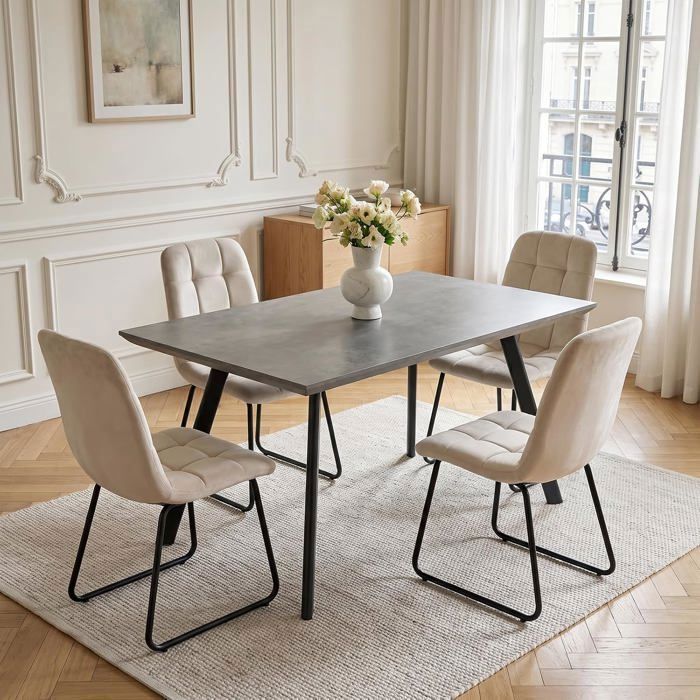 JIEXI Ensemble table de salle à manger et 4 chaises table de salle à manger 120 cm gris avec chaises en velours beige