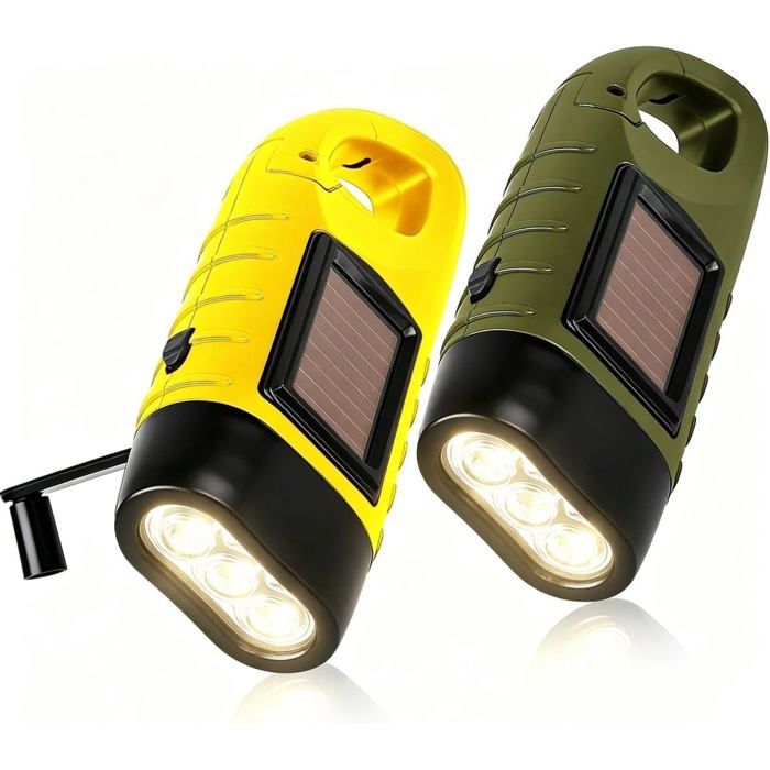 Lot de 2 Lampe de Poche Solaire et Lampe Torche Dynamo Rechargeable à Manivelle Mini lampe dynamo LED dUrgence avec Mousqueton