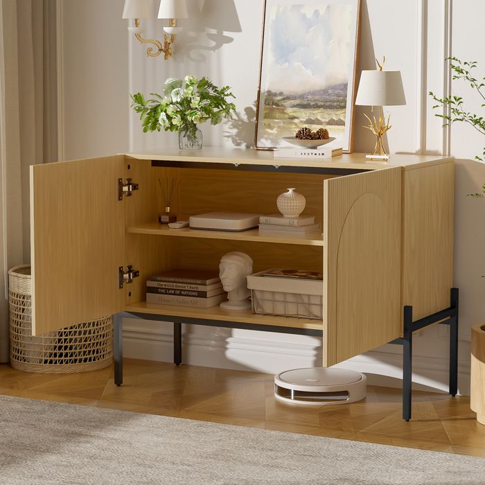Buffet Bas avec 2 Portes - TCQPZ - Étagère Intérieure et Pieds en Métal - Panneaux de Particules et Métal - Naturel