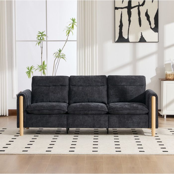 Canape 3 Places En Chenille Noire Canape D Angle FloraGrace Pour Petit Salon Pouf Coffre Reversible 201x77x86cm