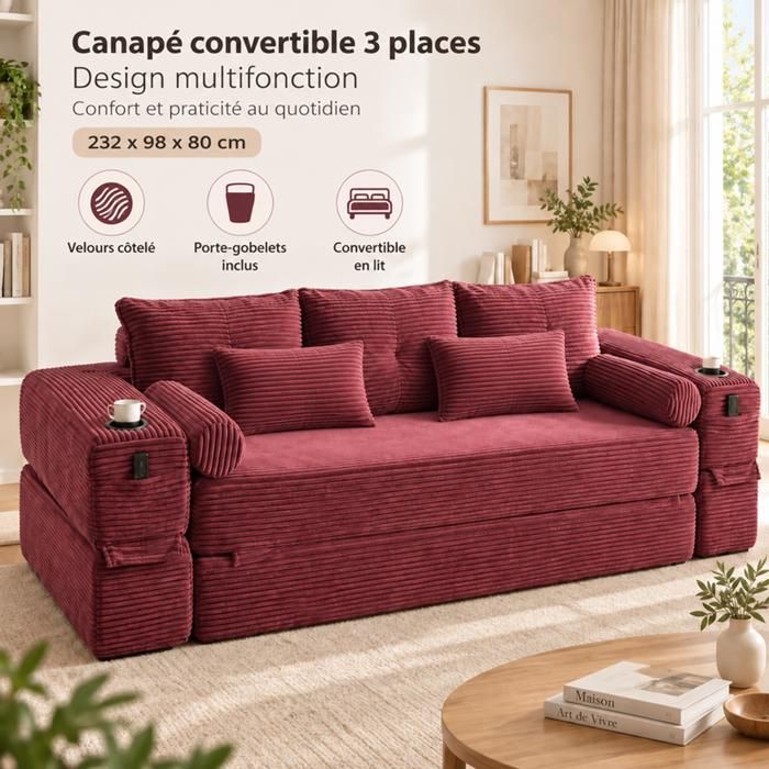 Canapé Convertible - SOGEU - Lit banquette 232x98x80 cm - Velours côtelé bordeaux - Mousse 30D - Porte-gobelets poches