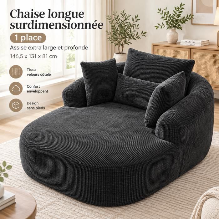 Canapé sans accoudoirs - SOGEU - Chauffeuse Sans Accoudoirs - Velours côtelé noir - Convertible - Livré monté