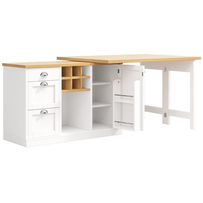 Îlot central extensible – Blanc – Table de cuisine multifonction avec range-bouteilles tiroir et poignées métalliques