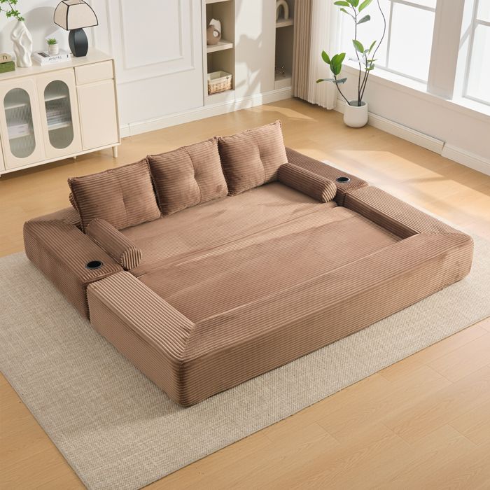 Canapé-lit pliant en velours côtelé - 3 places - Marron - 232x98x80 cm - Surface de couchage 232x198x29 cm