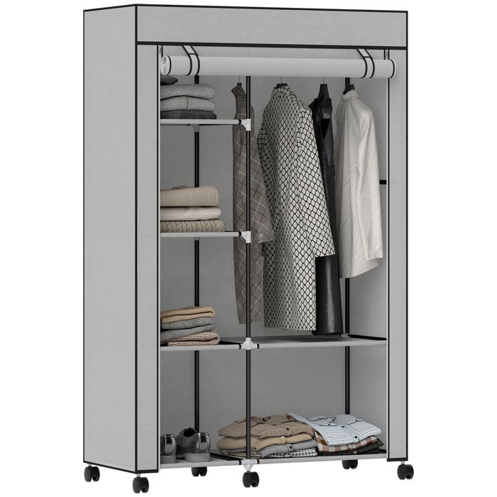 103x43x162 5 cm armoire penderie en tissu meuble de rangement avec tringle à vêtements et étagères sur 6 roulettes