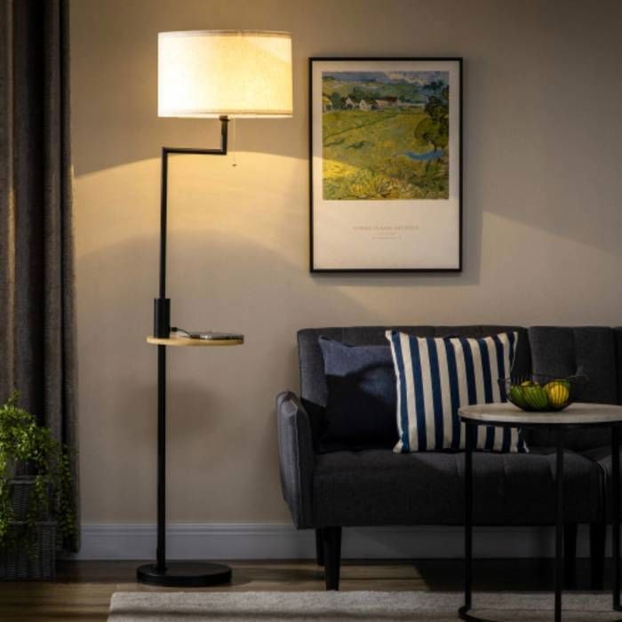 Lampadaire avec Tablette et USB E27 Crème Lampe sur Pied Design en Bambou et Métal Salon Chambre Bureau Lecture