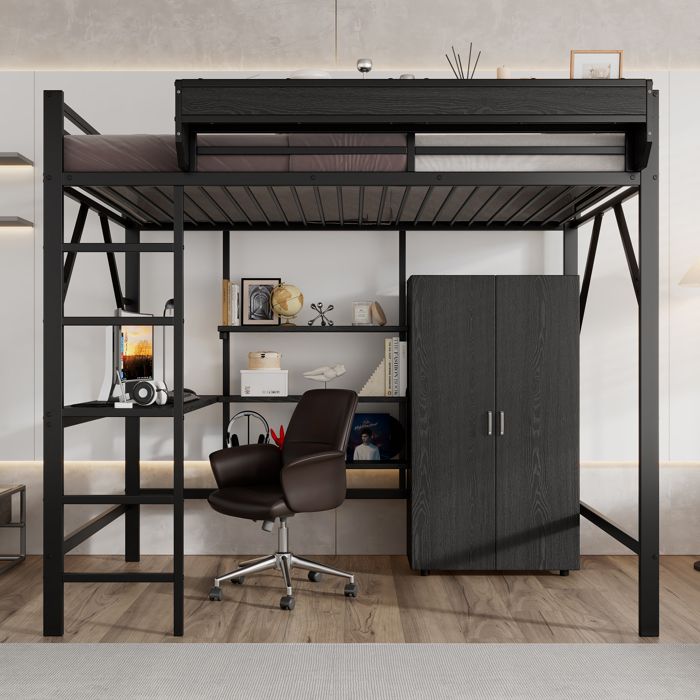 Lit mezzanine - ZEVKOR - Lit Mezzanine 2 Places 140×200 cm - Bureau intégré - Armoire & étagère - Métal/MDF noir