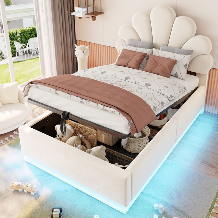 Lit Coffre Rembourré 90x200 cm en Velours avec LED Rangement Hydraulique et Tête de Lit en Forme de Fleur - Beige