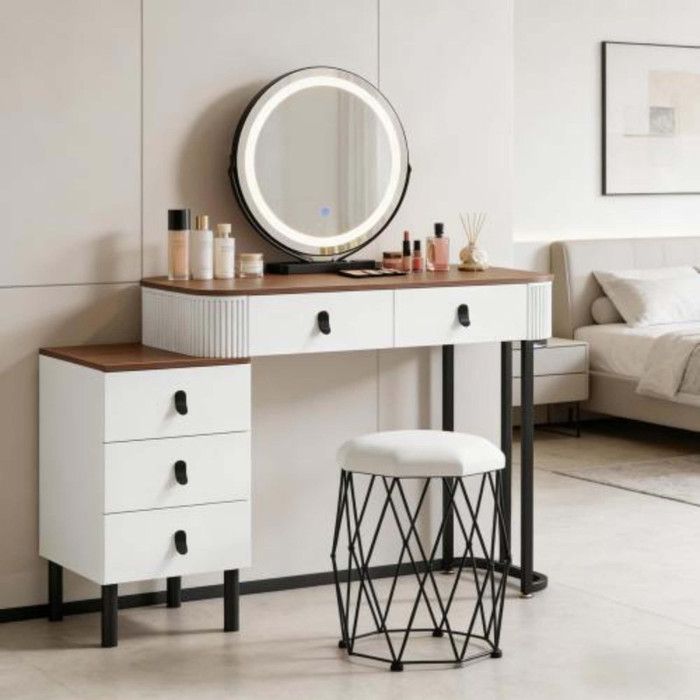 Coiffeuse Blanche et Marron avec Miroir LED et Tabouret Table de Maquillage 5 Tiroirs Meuble Modulable Norevia