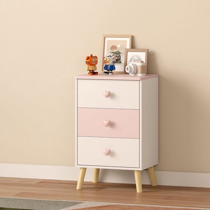 Commode enfant 3 tiroirs - chevet MDF et panneau particules finition bois de pin 62 x 38 x 30 cm - blanc et rose