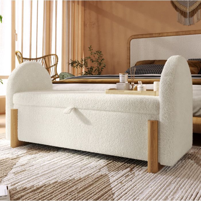 Banc coffre hydraulique AESVAR 106 cm blanc en chenille bouclé rangement Soft-Close pieds bois