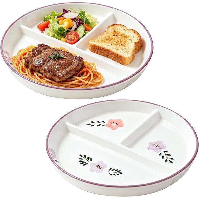 Assiette Compartiment Adulte 2 Pièces 20CM Assiette Divisée En Céramique Assiette Controle De Portion Pour Adultes