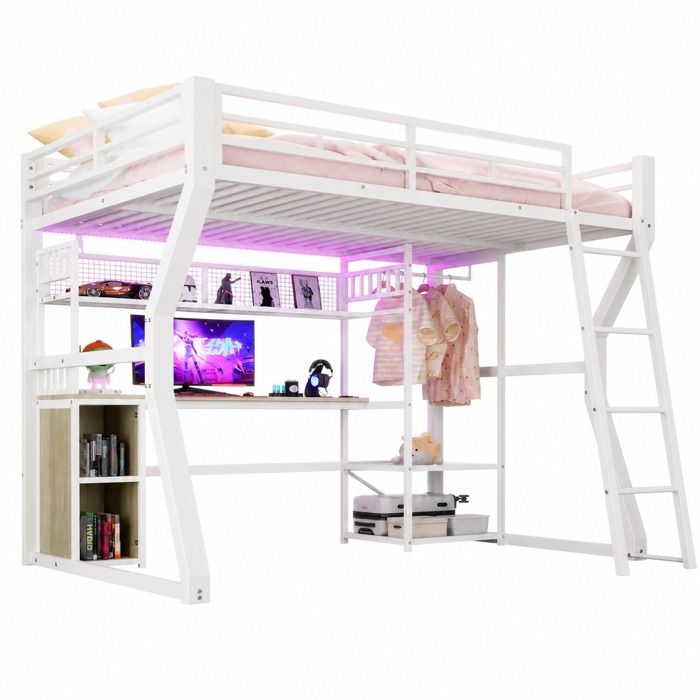 Lit superposé 140x200 cm avec bureau rangements LED prise penderie métal MDF blanc sans matelas FOLYNA