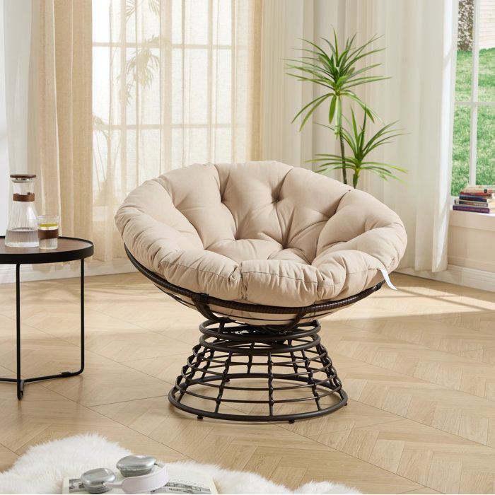 Fauteuil Papasan rotatif 360° avec coussin épais - HAVRYA - ergonomique acier et rotin PE beige