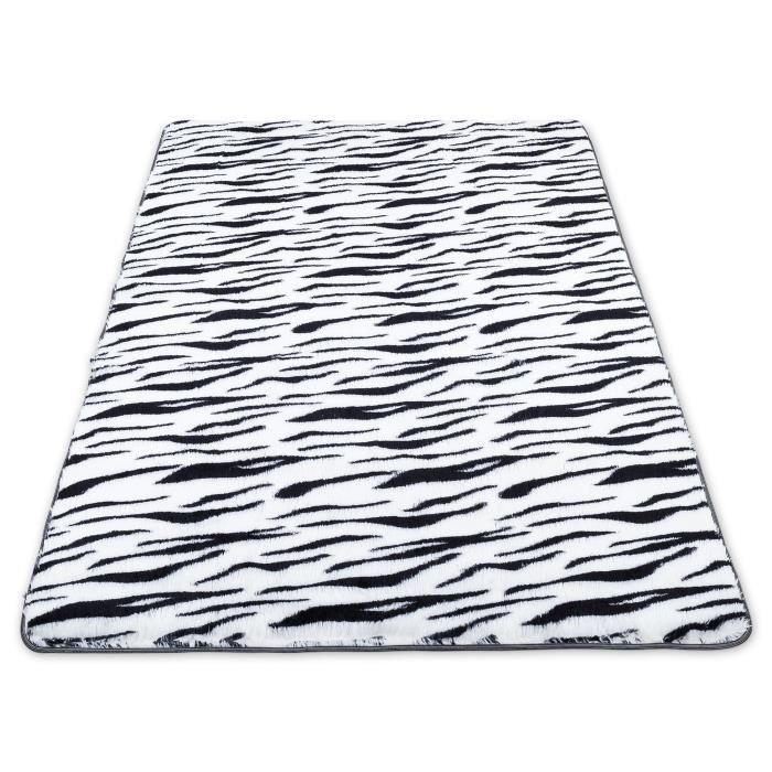 Tapis salon shaggy 100 x 160 cm - descente de lit chambre grande taille tapis poils longs moderne - Rayé noir et blanc