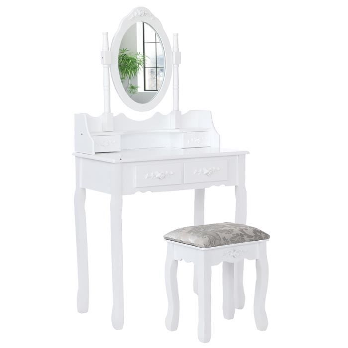 coiffeuse avec miroir pivotant - blanc - style champêtre - 4 tiroirs - bois massif