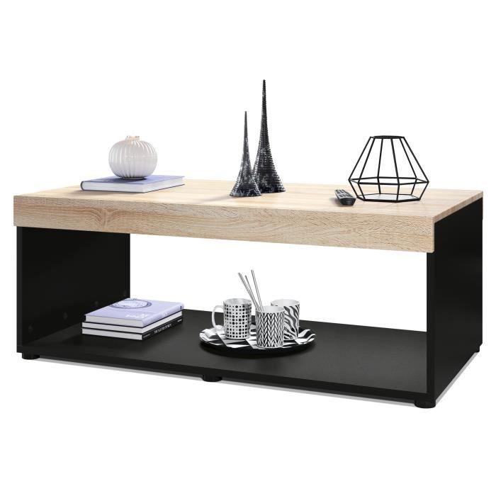 Vladon Table basse de salon Pure avec deux grandes étagères corps en noir mat - plateau et bordures en Chêne brut Vladon Table basse de salon Pure avec deux grandes étagères corps en noir mat - plateau et bordures en Chêne brut