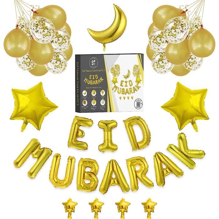 Décoration Eid Mubarak 2025 - Banderole Aid Noir Or, Guirlande Étoile Lune, Spirales Et Éventails - Set Réutilisable
