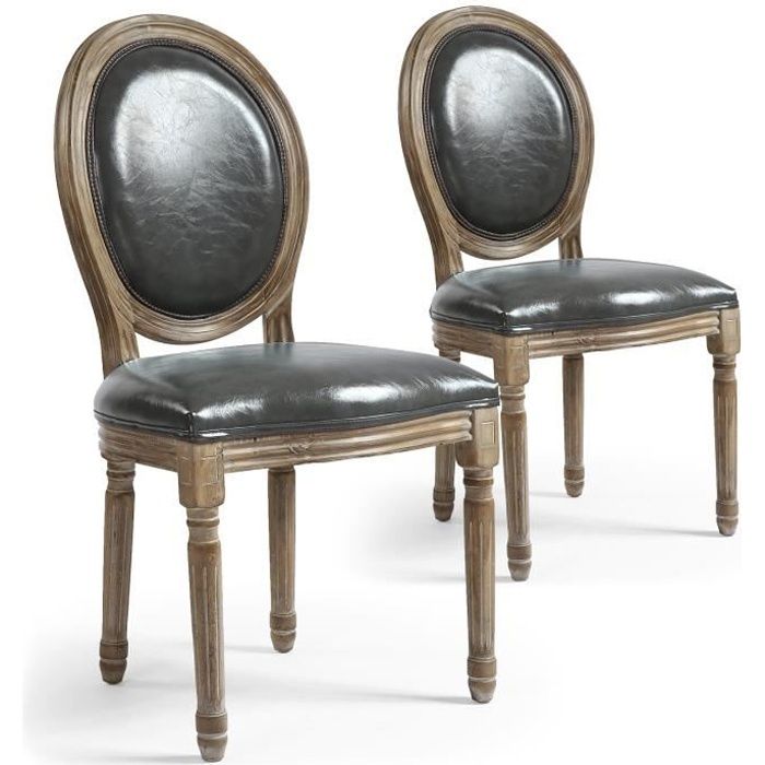 chaises médaillon louis xvi menzzo - lot de 2 - simili (p.u) gris - bois massif - design contemporain