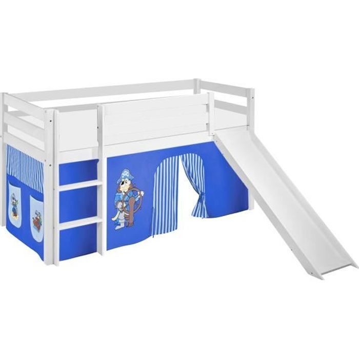 Lit surélevé ludique JELLE Pirate bleu-S - avec rideaux et toboggan - LILOKIDS - blanc laqué