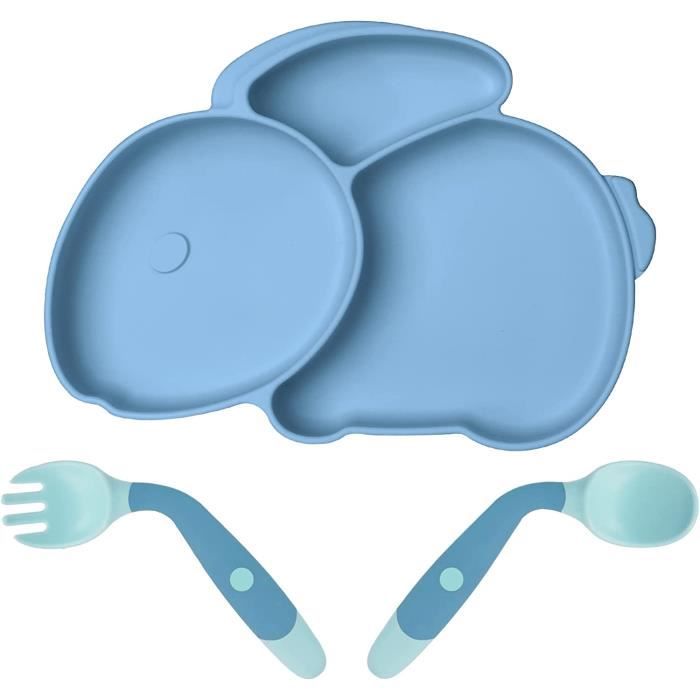 Assiettes Bébé,Assiette à pour Bébé Silicone,Assiette Bebe Silicone Avec 3 Compartiment et 2 cuillères,Passe Au Lave-vaisselle,Bleu