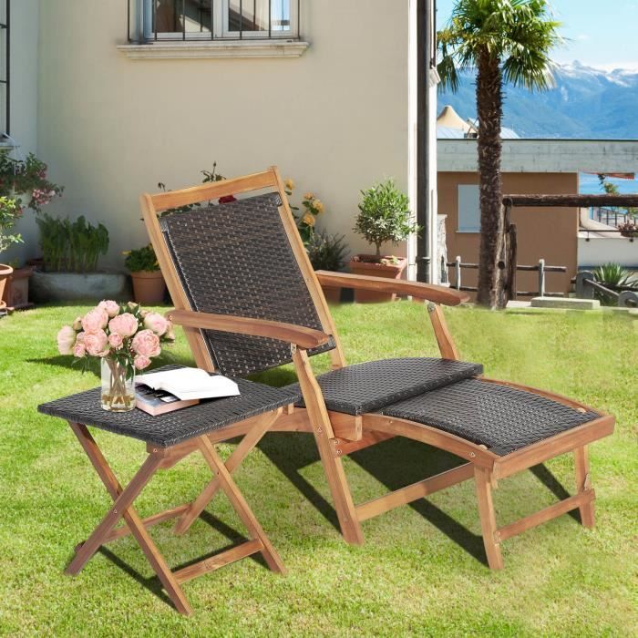 COSTWAY Chaise Longue en Rotin avec Repose-pied Rétractable Table dAppoint Pliable et Accoudoirs pour Jardin Arrière-cour