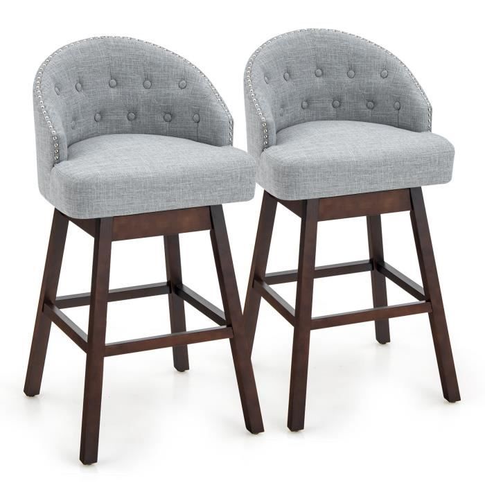 costway lot de 2 chaises de bar pivotantes, 55 x 53 x 105 cm, avec dossier rembourré, pieds en bois d'hévéa, charge max.160kg, gris