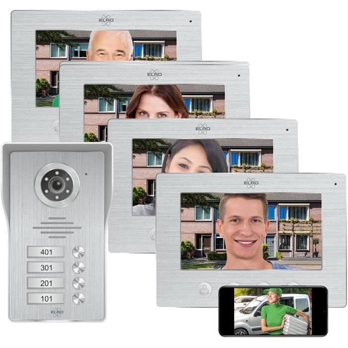 ELRO DV477IP4 Interphone vidéo IP WiFi. 4 familles - avec écran Couleur 4x7 Pouces. Vue en Direct et Communication Via l'application