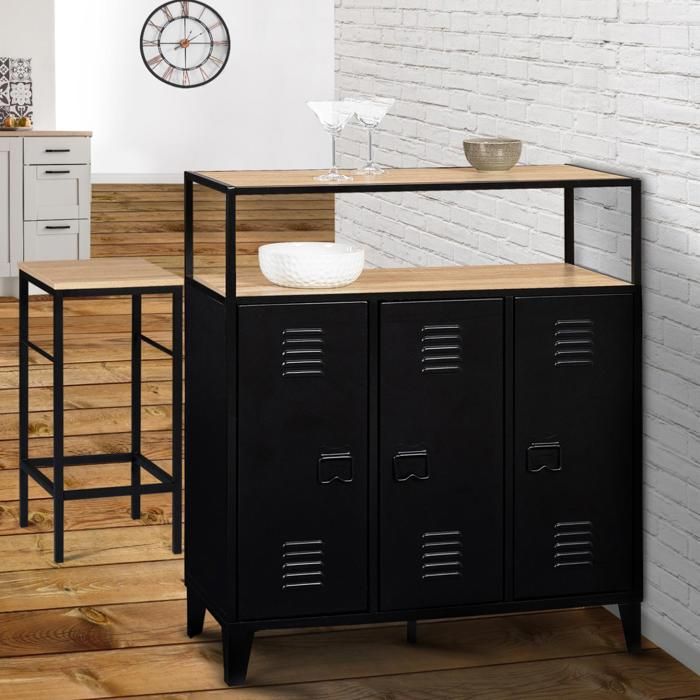 IDMARKET Meuble de bar buffet ESTER 3 portes en métal noir plateau façon hêtre