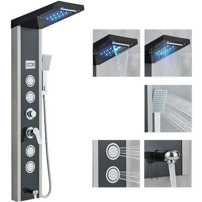 Colonne De Douche LED 5 Fonctions En Inox Brossé – Système De Massage Et Pluie Avec Mitigeur