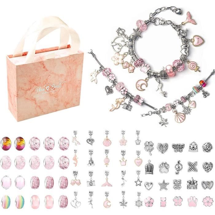 63 pièces Fabrication de Bracelet, Kits de Bijoux, Cadeau Fille Creation Bijoux, kit Bracelet breloque Fille Adolescente - ROSE