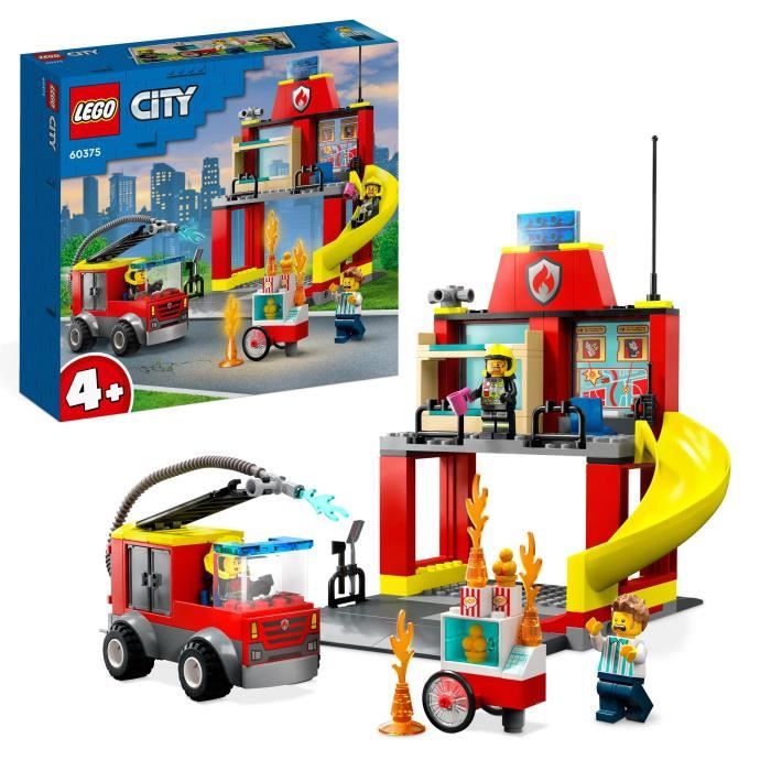 lego® city 60375 la caserne et le camion des pompiers, jouet véhicule d’urgence, jeu éducatif, 4 ans