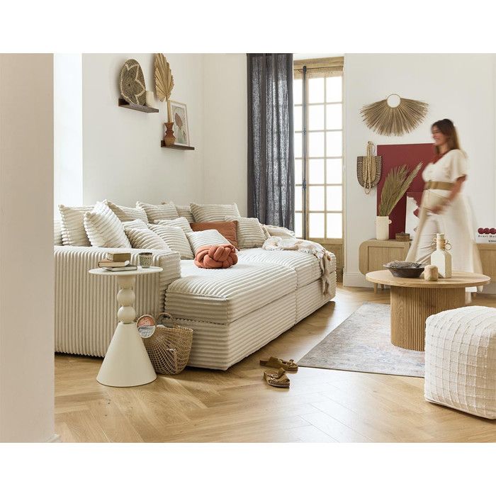 Collins - canapé droit 4 places avec double méridienne - assise profonde - velours côtelé grosses côtes - Beige