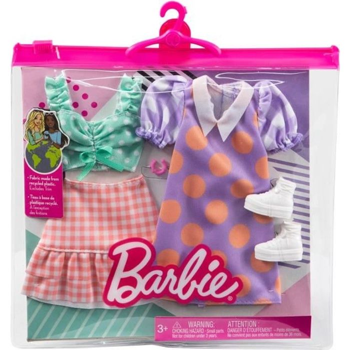 Barbie Fashion Pack - HBV70 - Ensemble Tenues de vêtements pour poupée - Jupe, Chemisier, Robe à Pois, Bottes et Bracelet