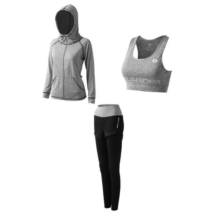 Ensemble de vêtements de sport femmes 3 pièces de Yoga(Soutien-gorge+Veste  à capuche+Pantalon) Jogging Fitness Séchage rapide  Soutien-gorge+veste+pantalon gris clair - Cdiscount Sport