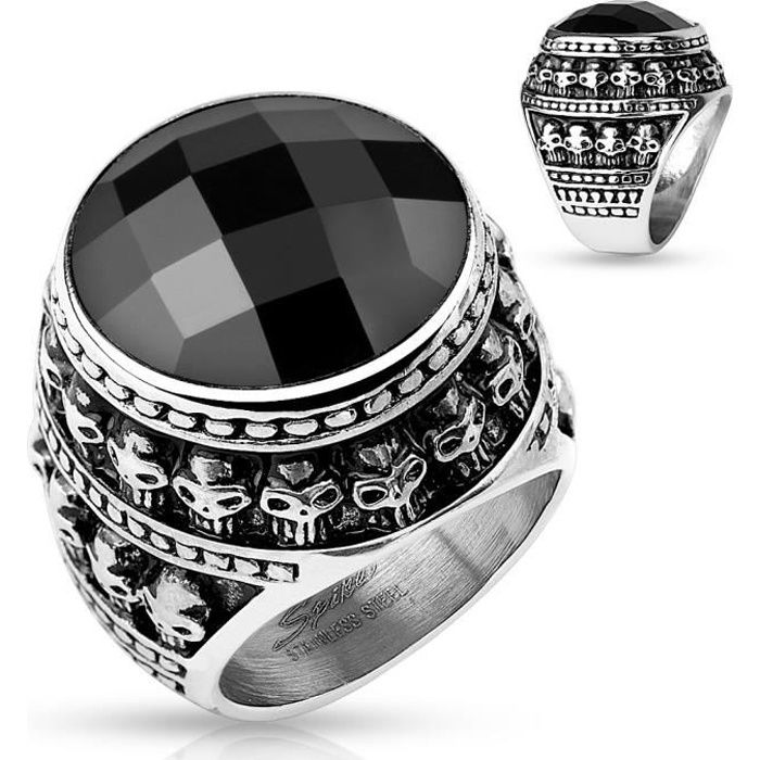 bague chevalière homme acier pierre noire couronne de crânes biker (67)