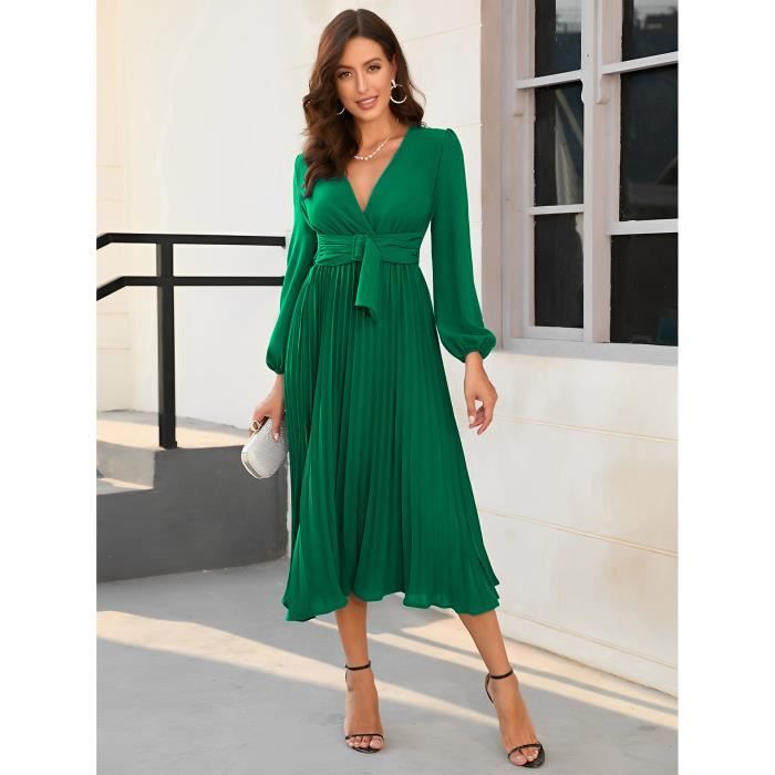 robe de femme grande chic elegant printemps et automne femmes col en v robe plissee une ligne dans la longue - vert nystore