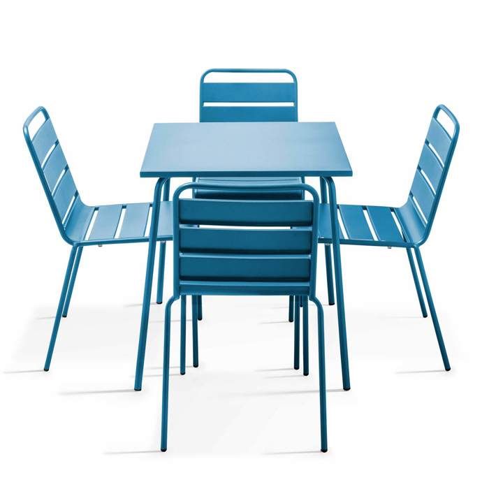 Ensemble table de terrasse et 4 chaises en métal bleu pacific Palavas Oviala