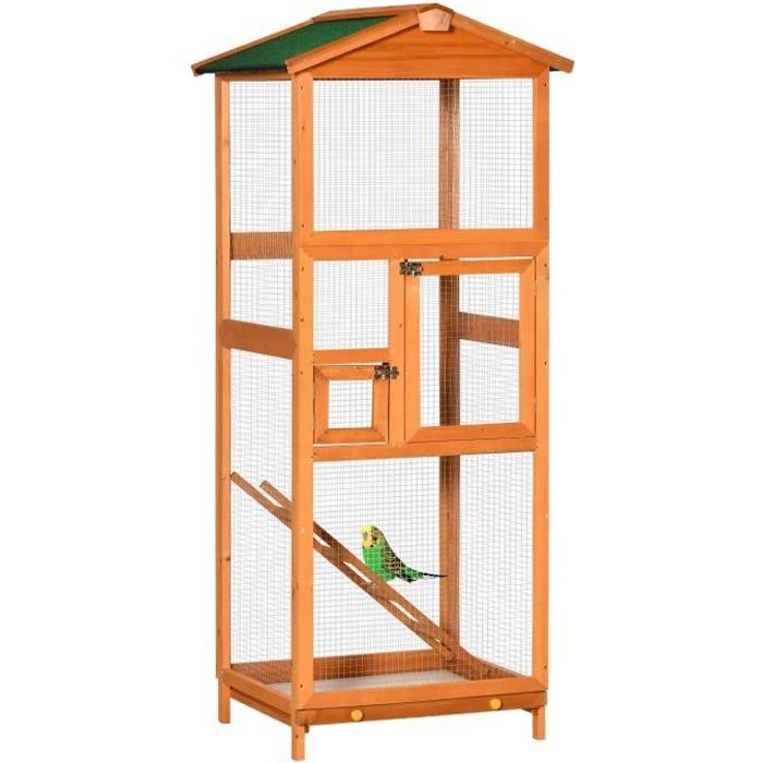 volière cage à oiseaux - 2 portes tiroir déjection coulissant échelle toit bitumé - bois sapin pré-huilé 68x63x165cm orange