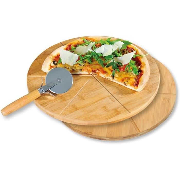 Assiette Pizza Bambou Relaxdays - Diamètre 33 Cm, 6 Parts Découpées | Planche Découpe Naturelle