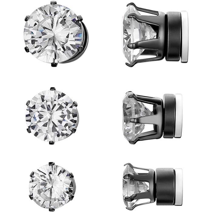 Lot De 3 Paires De Boucles D'oreilles Magnétiques Pour Homme/femme - Acier Inoxydable, Zircon Brillant - Sans Perçage - Cadeau Anniversaire, Noël - 4