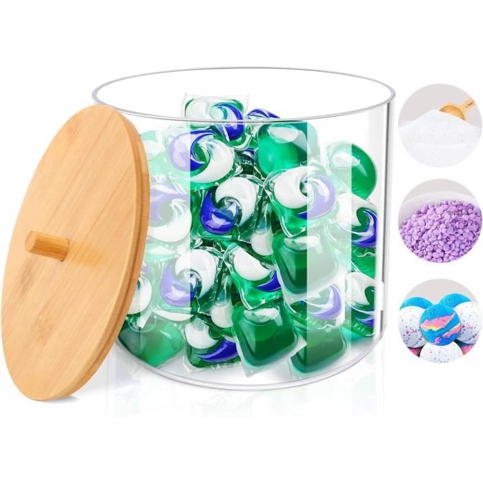 3 Boîtes De Rangement Pour Lessive – Transparentes Avec Couvercle En Bambou – Cuillère Et étiquettes Incluses – Pour Poudre, Capsules, Accessoires