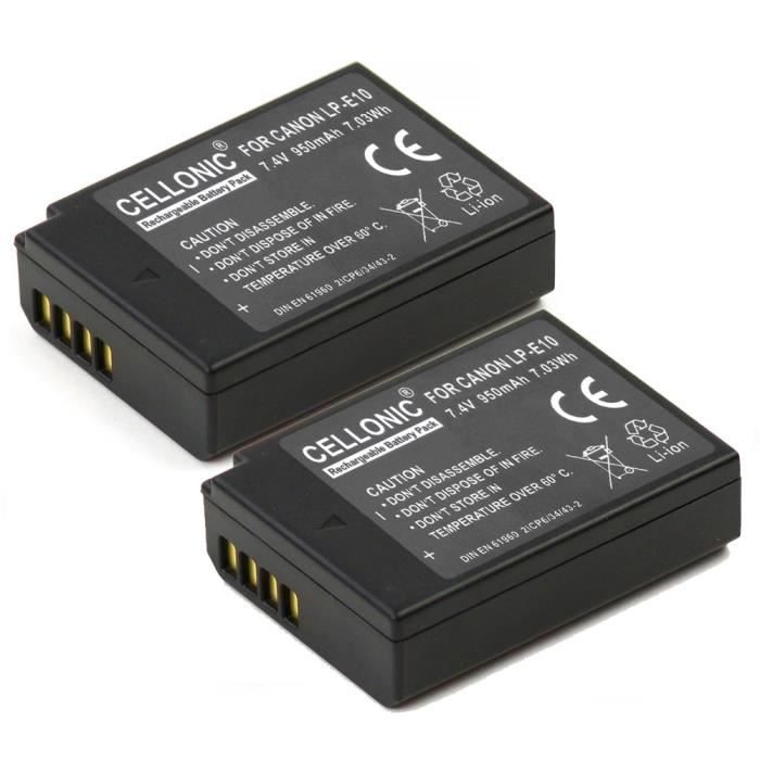 2x Batterie pour Canon EOS 1300D, EOS 1100D, EOS 1200D, EOS Rebel T3 EOS Rebel T5, EOS Kiss X50 X70 X80 - LP-E10 (1020mAh) Batterie